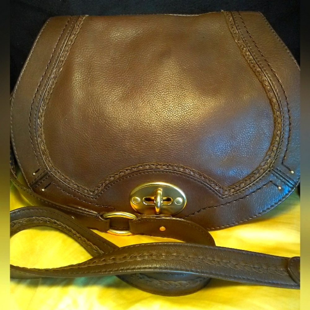 DARK BROWN LEATHER SIGRED OLSEN SHOULDER BAG GOLD DETAIL Crescent Shape